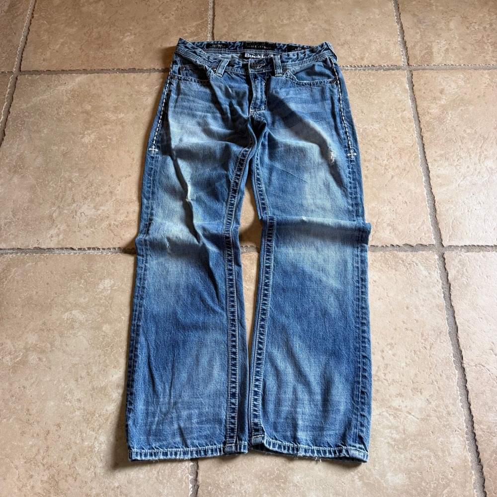 Buckle Black Premium Cooper Relaxed Boot Jeans Mens 32 Blue Distressed Denim